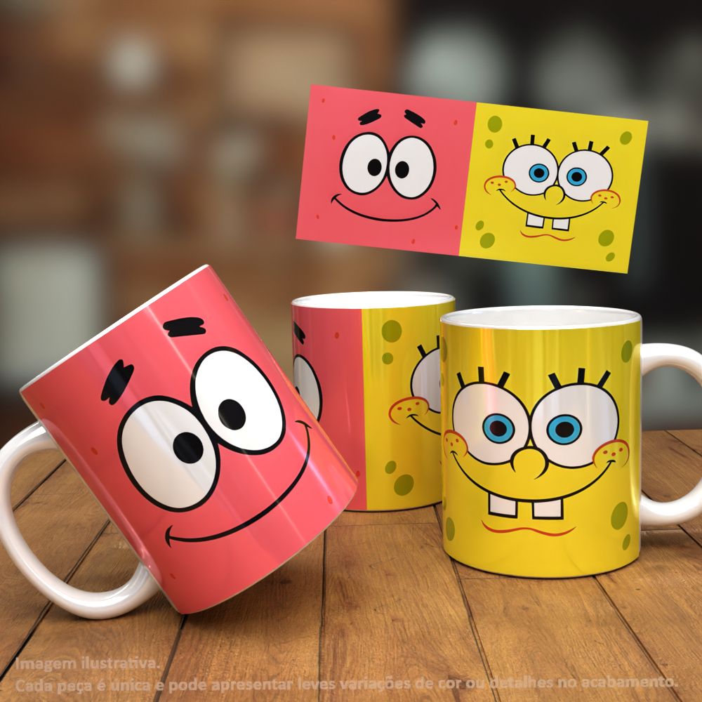 Three ceramic mugs with cartoon face designs are shown on a wooden surface against a blurred indoor background. One mug is pink with a Patrick Star-style face, one is yellow with a SpongeBob-style face, and one is partially visible between them.