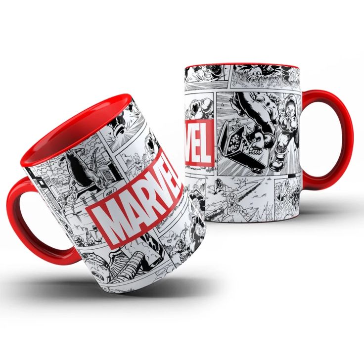 Two Marvel-branded ceramic mugs with red interiors and handles, printed with black-and-white comic book panels and the large red-and-white Marvel logo, shown on a light gray background.