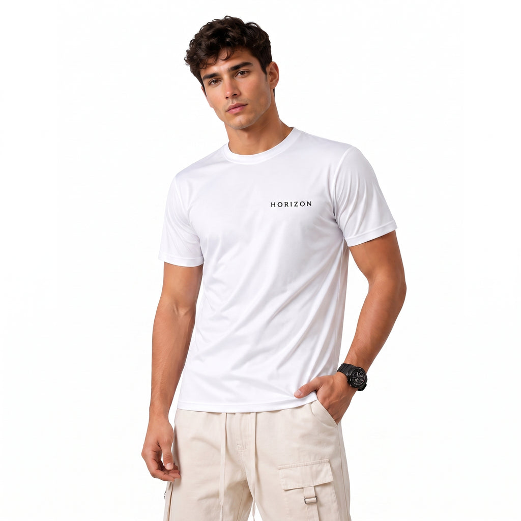 A man wearing a white short-sleeve crewneck t-shirt with 'HORIZON' printed in black on the chest, paired with beige cargo pants, against a plain white background.