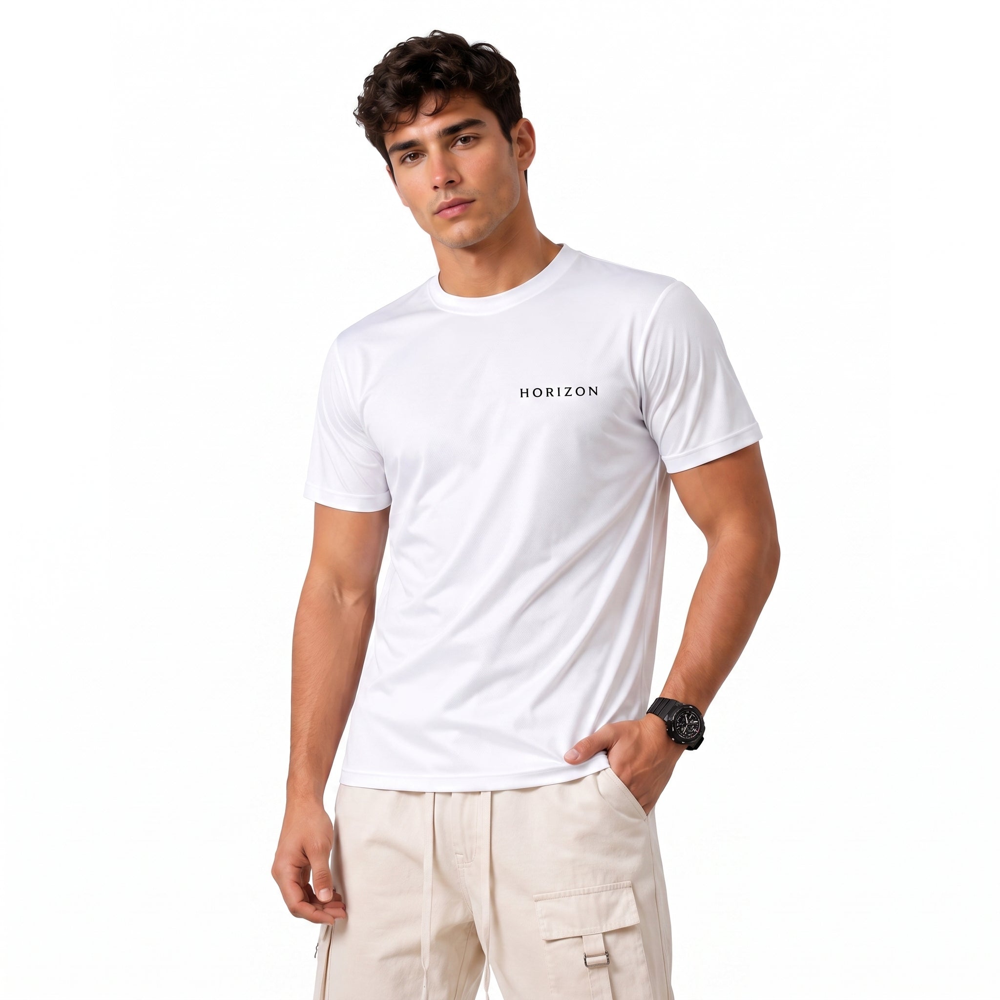 A man wearing a white short-sleeve crewneck t-shirt with 'HORIZON' printed in black on the chest, paired with beige cargo pants, against a plain white background.