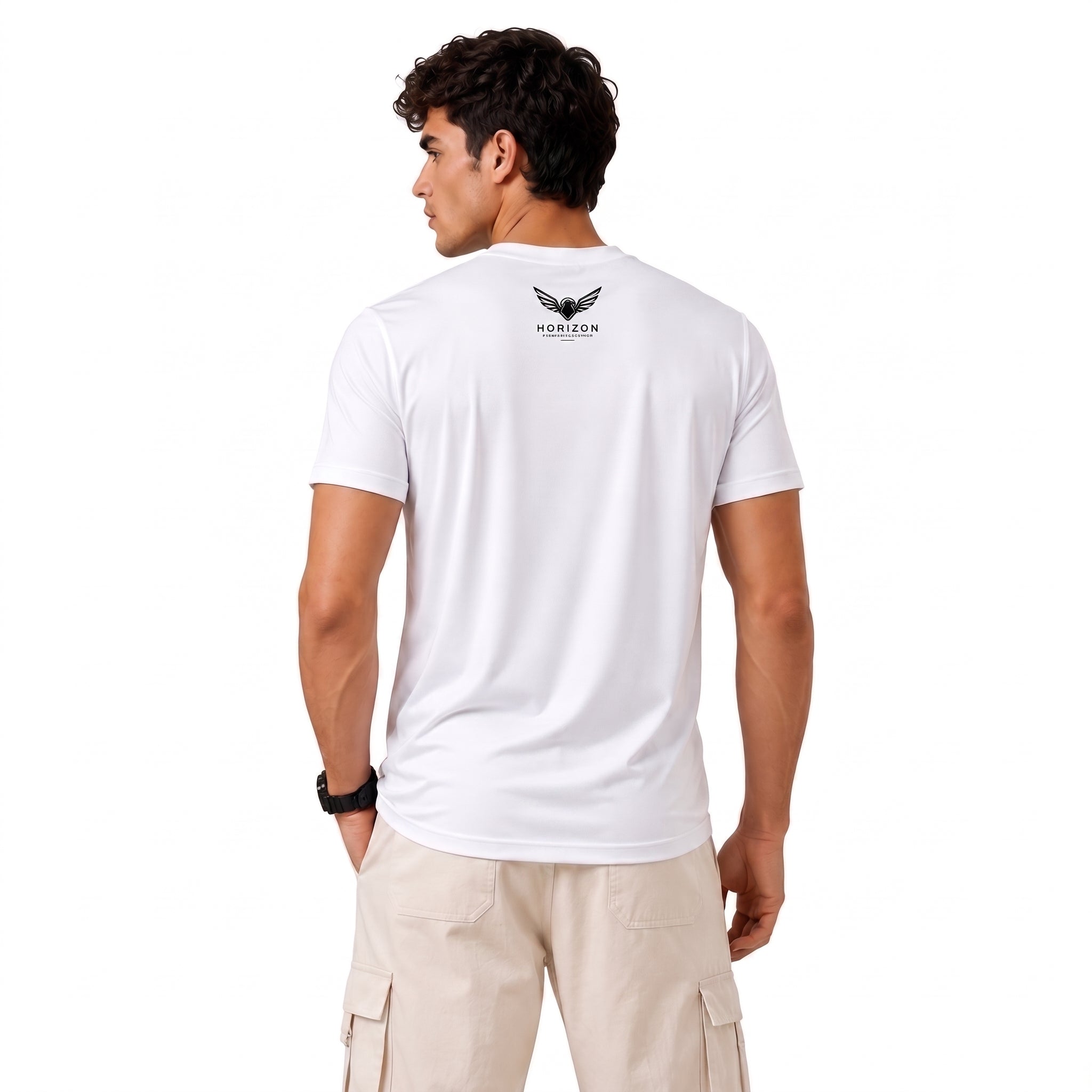 A man viewed from the back wearing a white short-sleeve t-shirt with a small black winged logo and the brand name 'HORIZON' printed below it, paired with beige cargo pants against a plain white background.