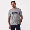 A man wearing a heather gray crewneck t-shirt with a black graphic print that reads 'STRONGER EVERY DAY' with a barbell design, set against a plain light gray background.