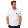 A man wearing a white short-sleeve polo shirt with a small black embroidered logo on the left chest, paired with dark navy pants, set against a plain white background.