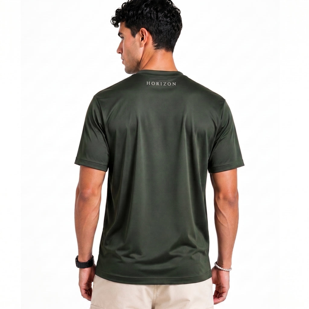 A man wearing an olive green Horizon short-sleeve athletic t-shirt, shown from the back against a plain white background.