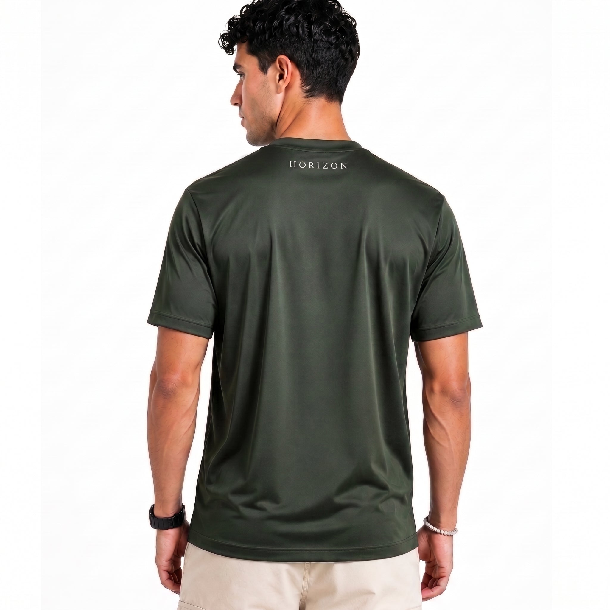 A man wearing an olive green Horizon short-sleeve athletic t-shirt, shown from the back against a plain white background.
